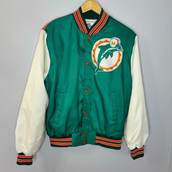 Vintage 80s Miami Dolphins Satin Jacket All Print NFL Football Chalk Line Mens M - Picture 3 of 10